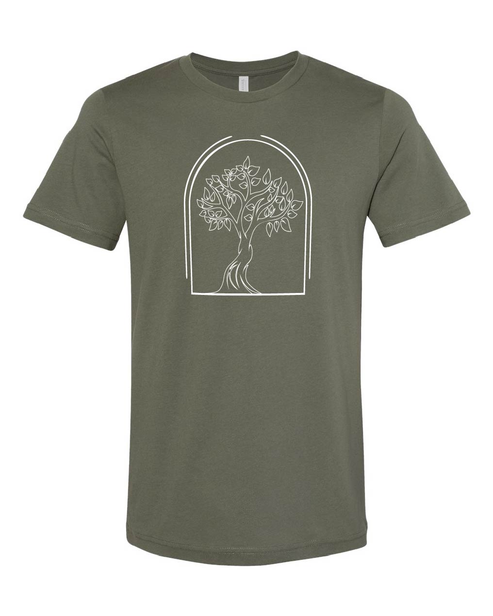 An olive green short-sleeve crewneck t-shirt featuring a white line art graphic of a stylized tree inside an arched frame on the chest, displayed against a solid white background.
