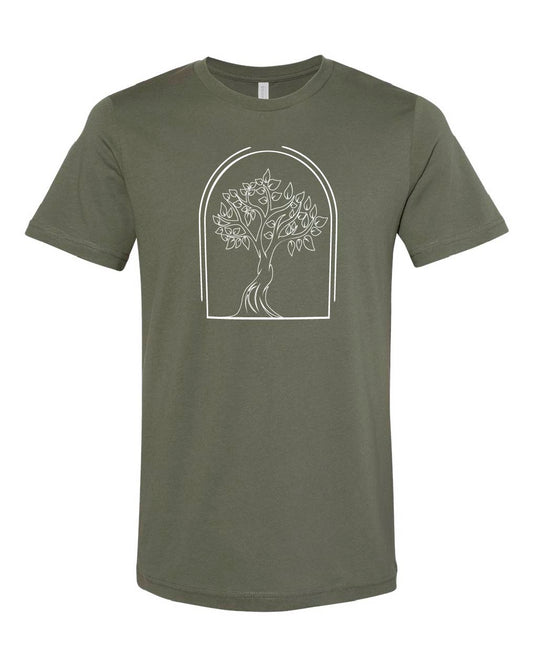 An olive green short-sleeve crewneck t-shirt featuring a white line art graphic of a stylized tree inside an arched frame on the chest, displayed against a solid white background.