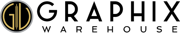 The logo for Graphix Warehouse, featuring a circular emblem with gold and black vertical lines on the left, followed by the words 'GRAPHIX WAREHOUSE' in bold black and gray lettering on a white background.